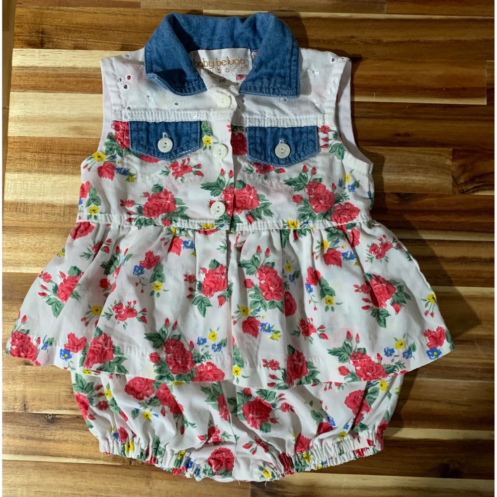 Baby Beluga Floral Denim Romper Vintage Retro 90s 2000s Cottagecore Boho 0-6M